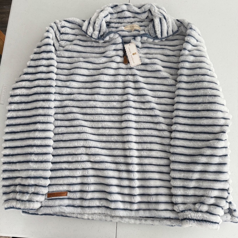 Cozy Pullover Women XL Simply Southern Luxe Steel Blue Stripe Sherpa Fleece NWT